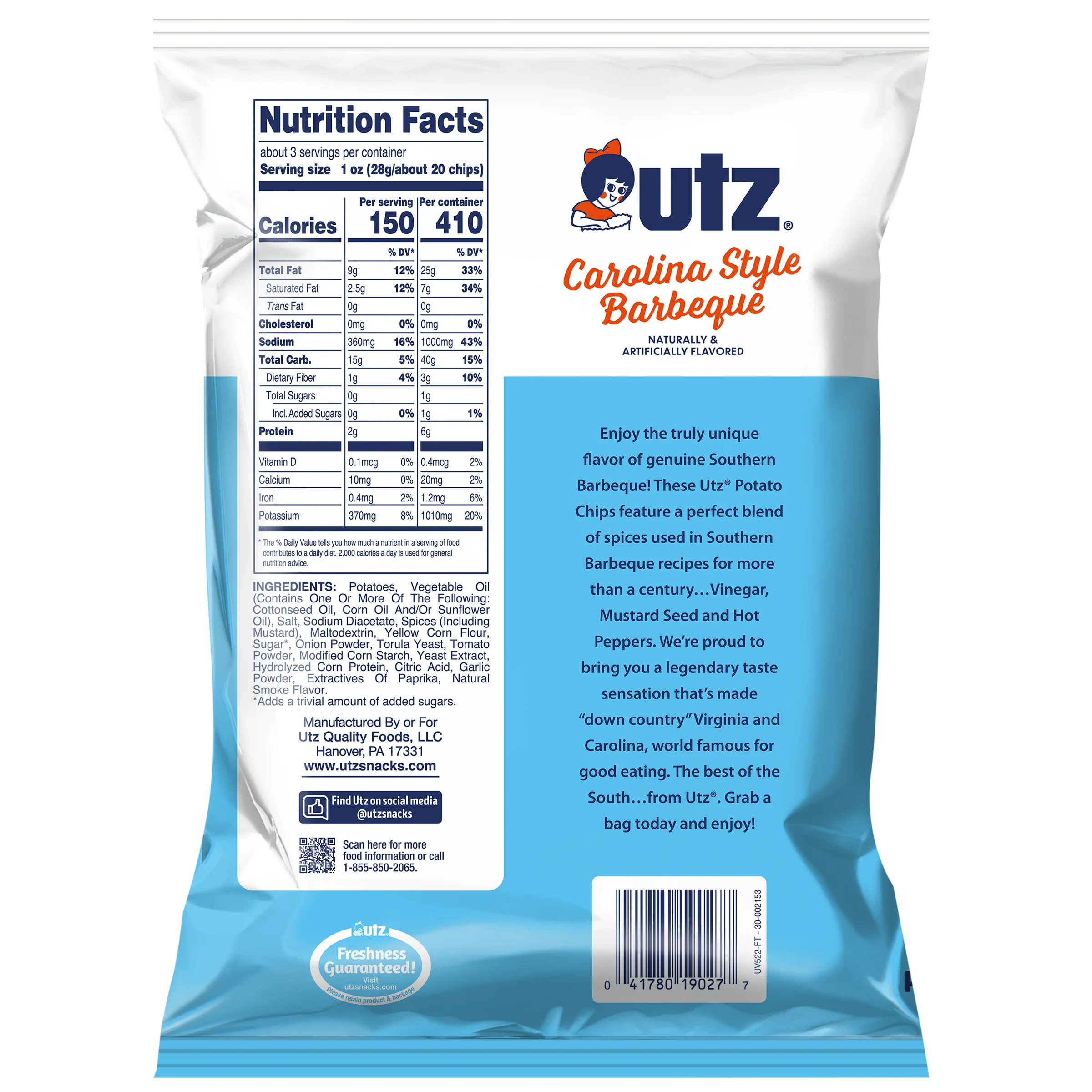 Utz Carolina BBQ Potato Chips, 2.75 oz Bag - Image 3