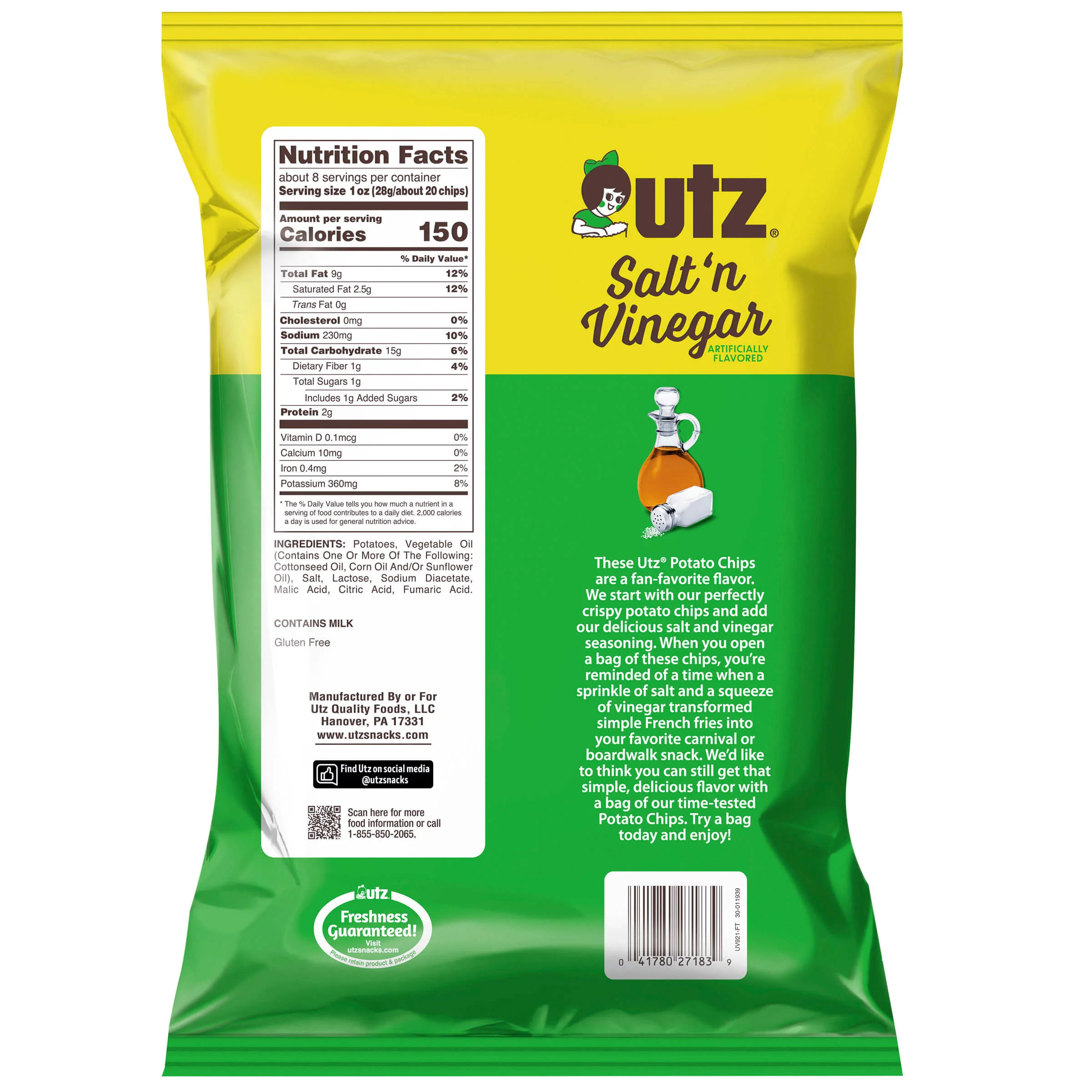 Utz Salt & Vinegar Potato Chips, Family Size, 7.75 oz Bag - Image 4
