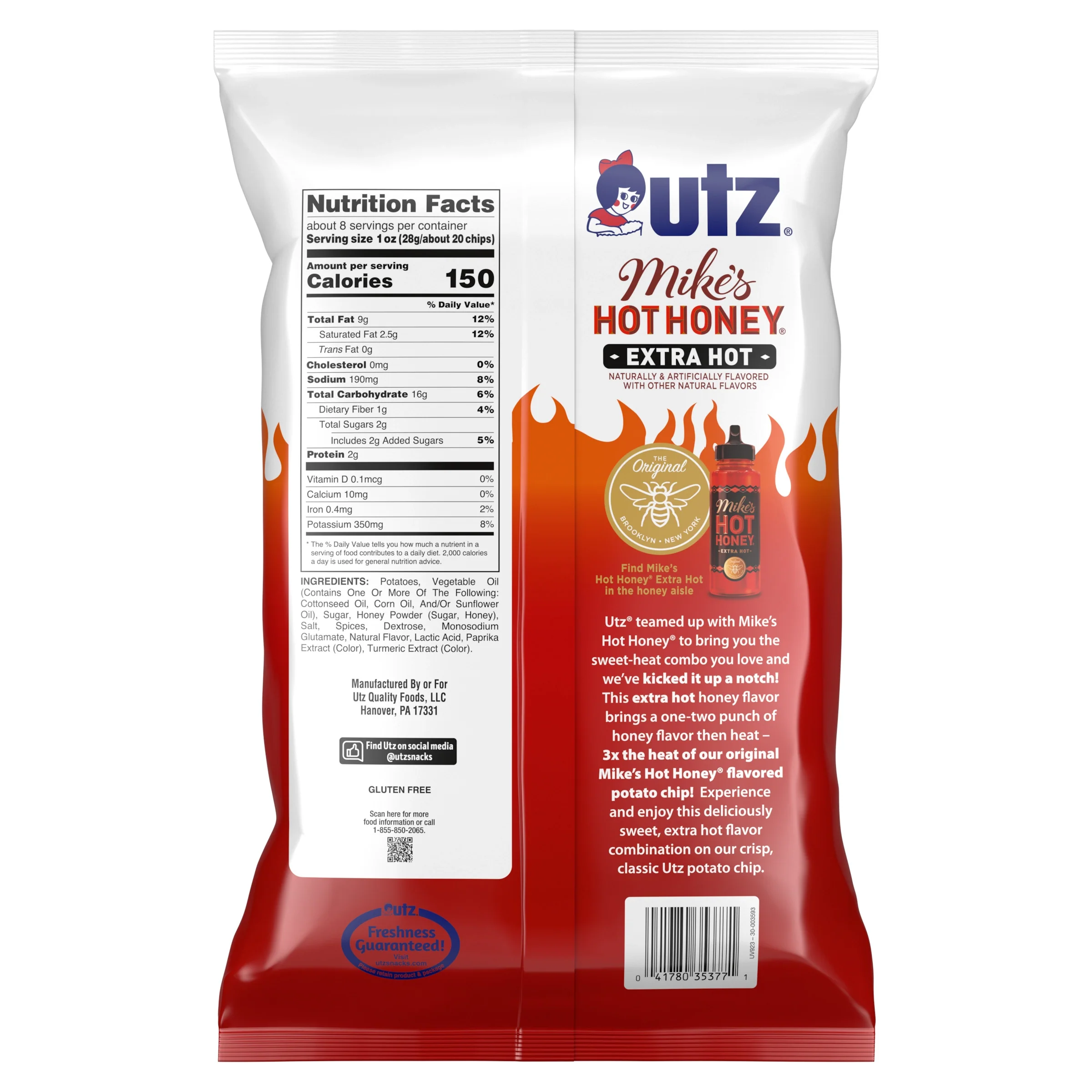 Utz Mike's Extra Hot Honey Potato Chips, Family Size, 7.75 oz Bag - Image 2