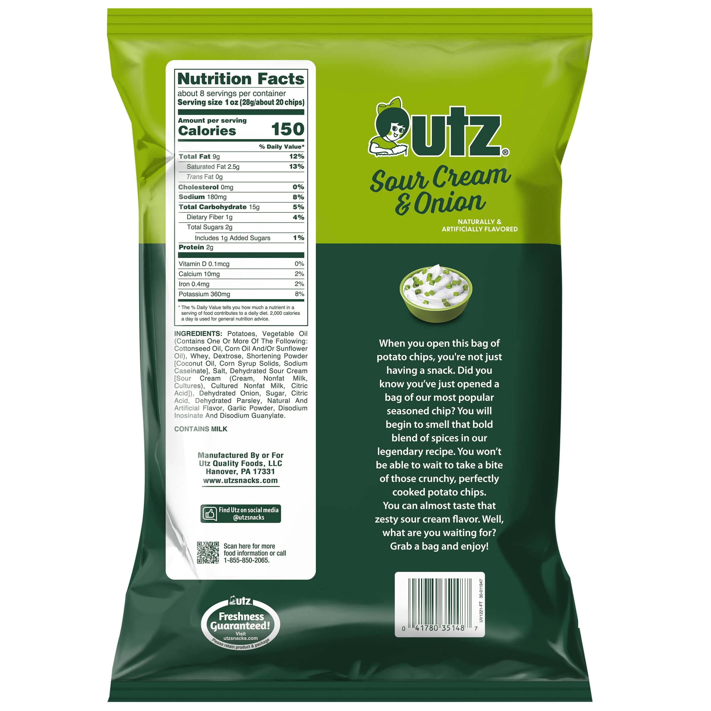 Utz Sour Cream & Onion Potato Chips, Family Size, 7.75 oz Bag - Image 2